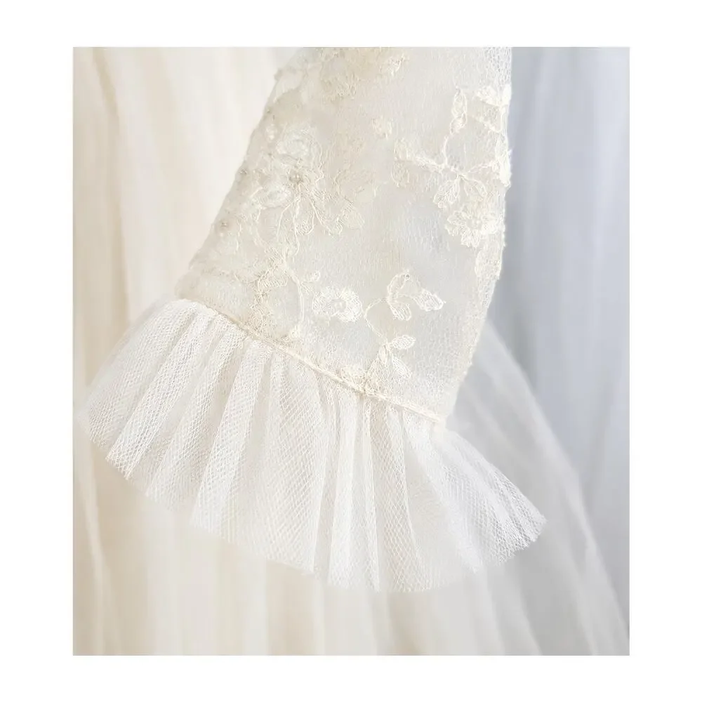 Vintage 1950s Lace Tulle Wedding Dress Illusion Neck Train XS Bridal